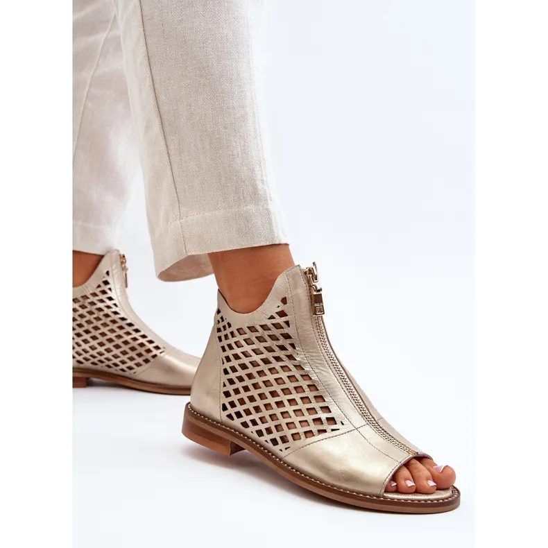 Zazoo 977/L leren opengewerkte sandalen met ritssluiting, goud gouden