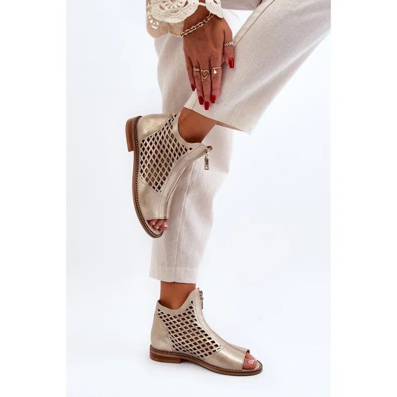 Zazoo 977/L leren opengewerkte sandalen met ritssluiting, goud gouden